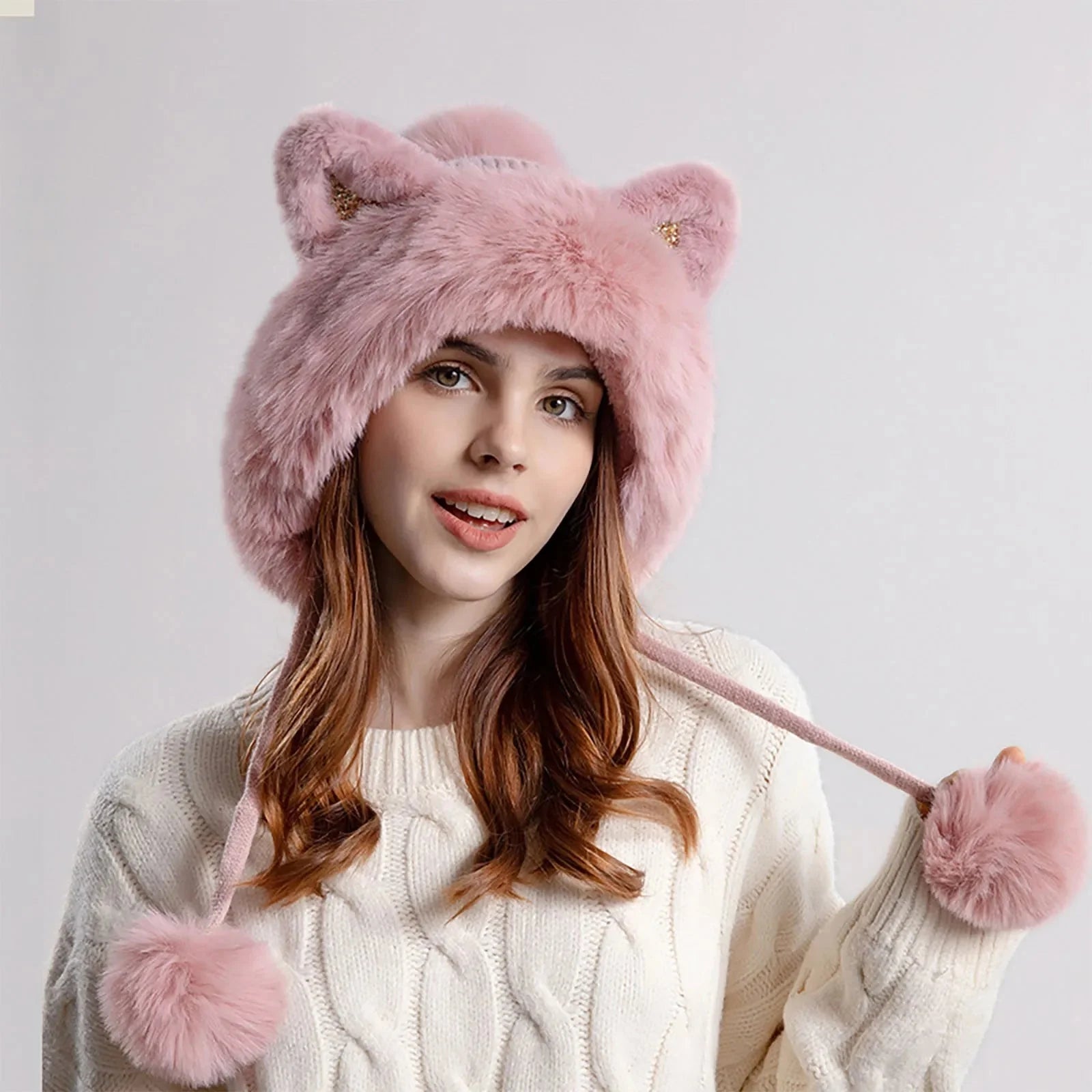 Women's Trapper Hat Pom-Pom Ear Flaps Warm Winter Beige - 
Fashinoza
