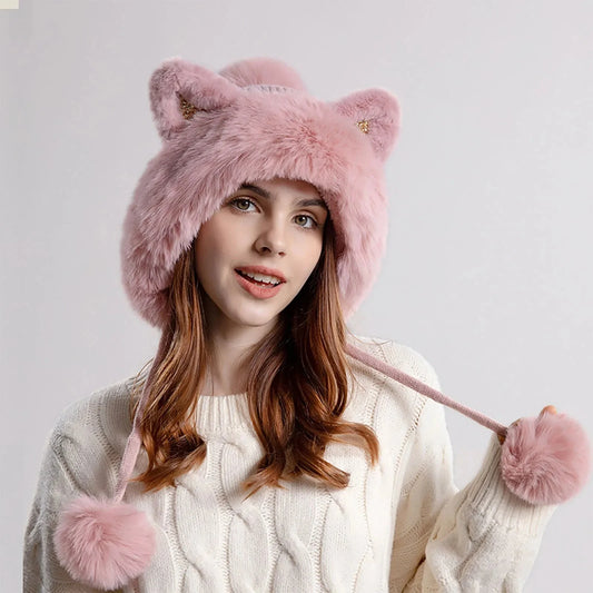 Women's Trapper Hat Pom-Pom Ear Flaps Warm Winter Beige - 
Fashinoza