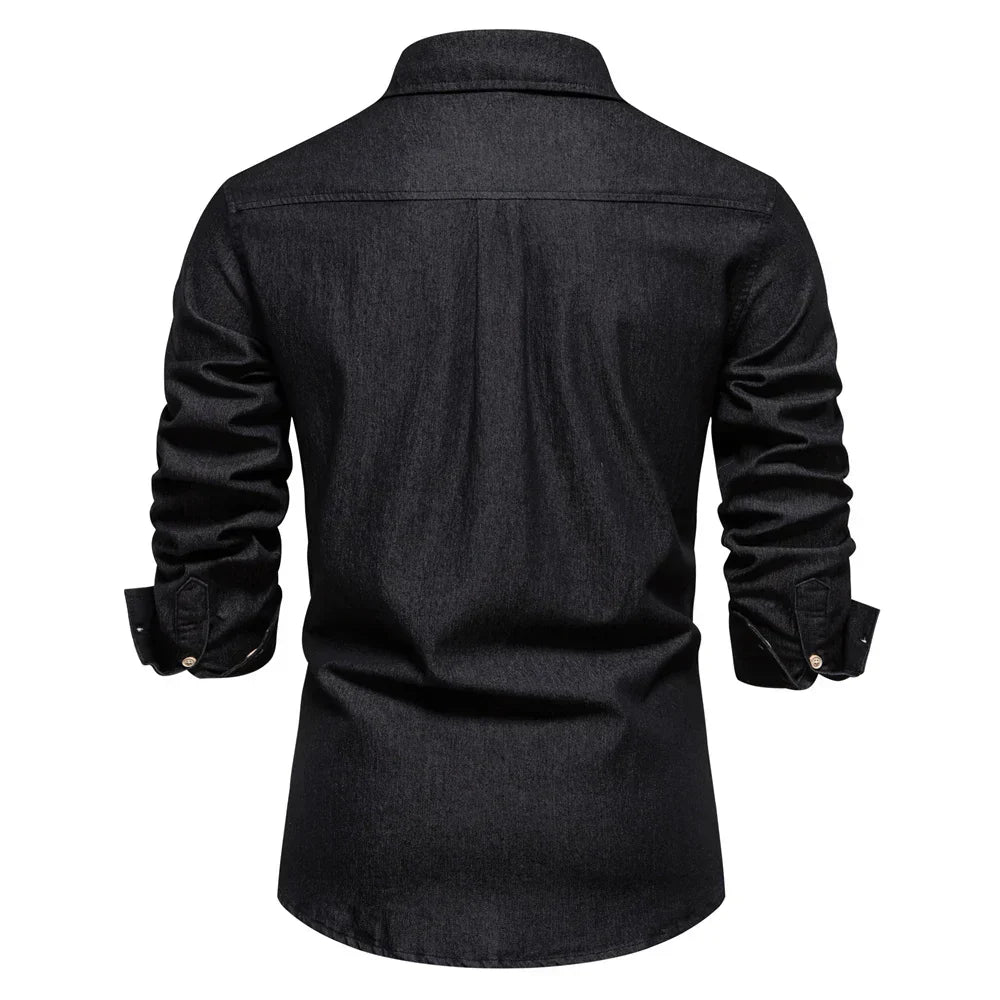 Men's Long Sleeve Button Front Shirt Cotton Fold Down Collar