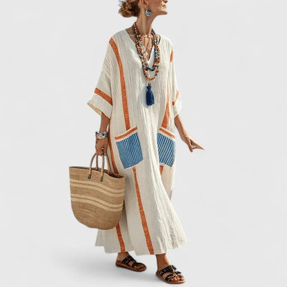 Women's Linen Maxi Dress V-Neck Striped With Pockets