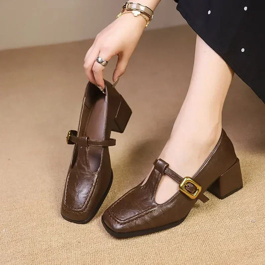 Women's Block Heel Mary Jane Shoes Gold Buckle - Fashinoza