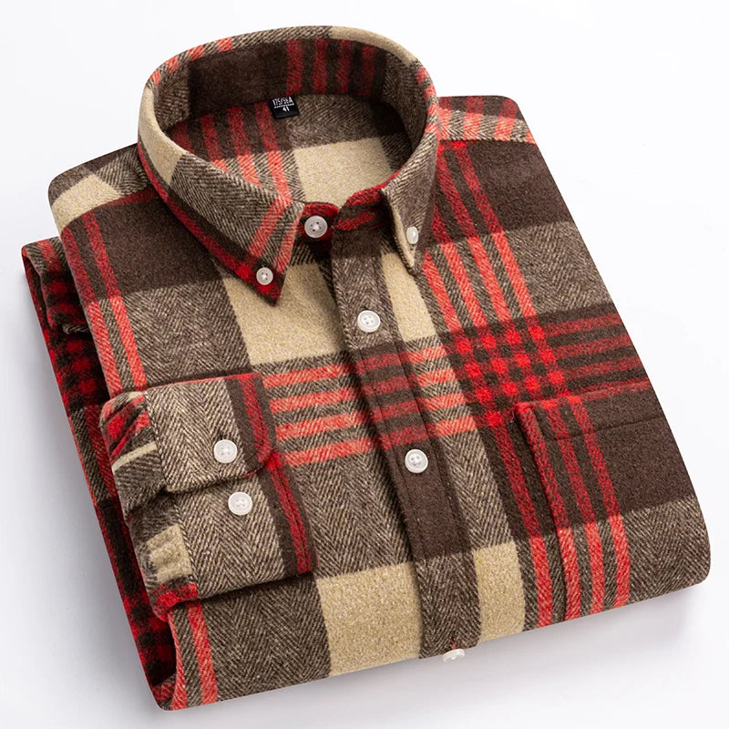 Men's Plaid Button Shirt Pointed Collar Chest Pocket