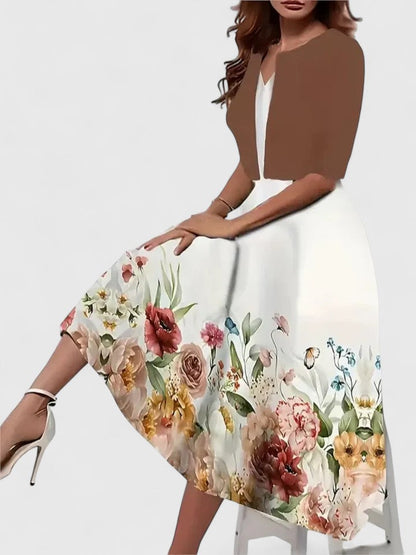 Women's Floral Midi Dress 3/4 Sleeve A-Line
