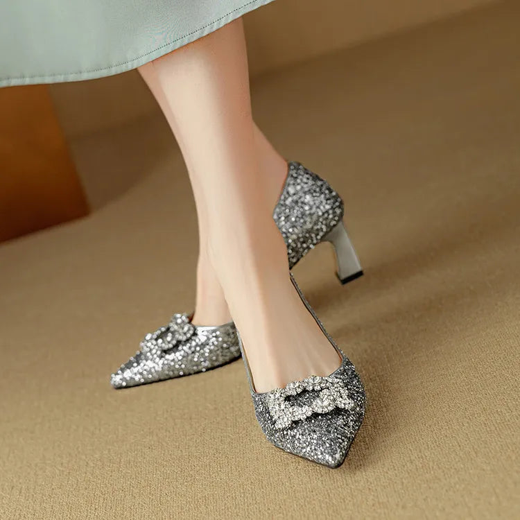 Women's Glitter Pumps Pointed Toe Crystal Buckle Heels