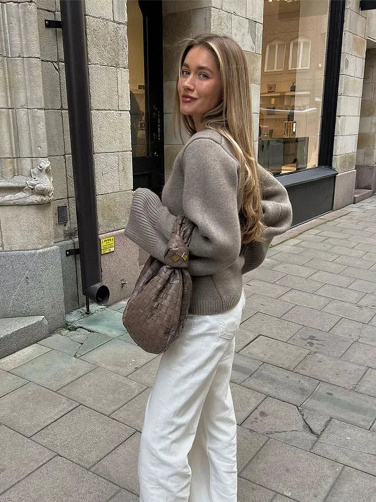 Women's V-Neck Cardigan Sweater Cozy Knit Beige