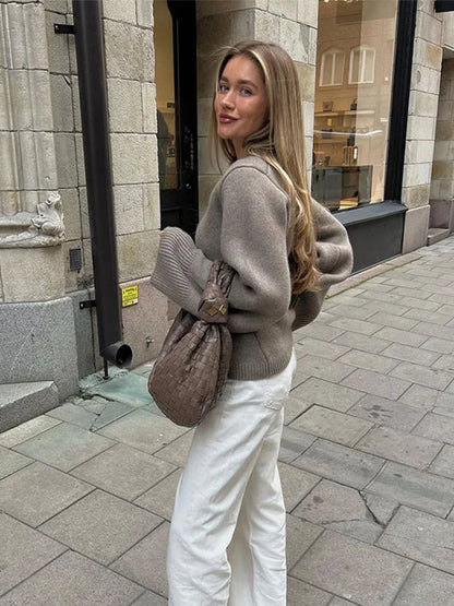 Women's V-Neck Cardigan Sweater Cozy Knit Beige
