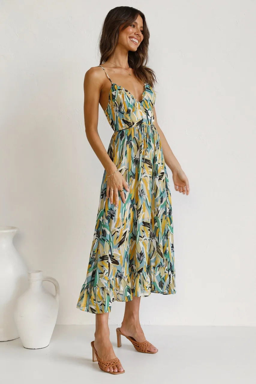 Women's Midi Dress Spaghetti Strap Abstract Print Ruffle Hem