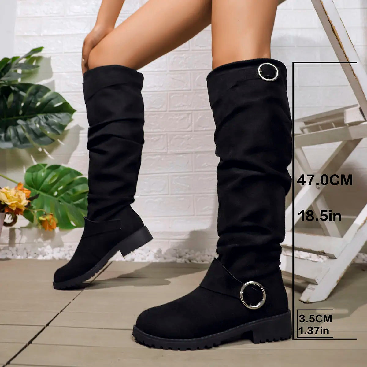 Women's Knee High Boots Low Block Heel Ring Accents - Fashinoza
