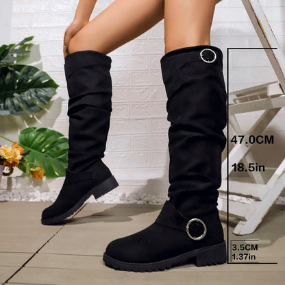 Women's Knee High Boots Low Block Heel Ring Accents - Fashinoza