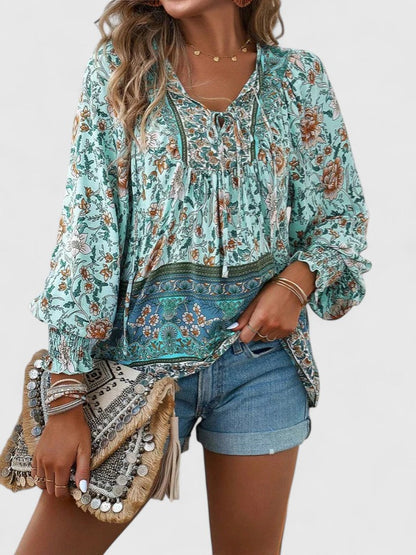 Women's V-Neck Puff Sleeve Blouse Floral