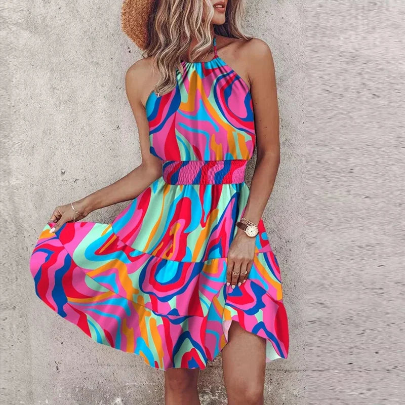 Women's Printed Flowy Mini Dress Asymmetric Backless Design