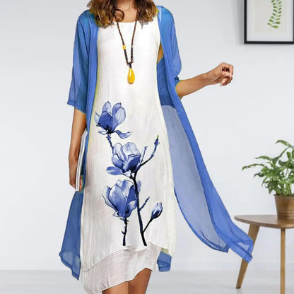 Women's Floral Print Dress Set Sheer Cardigan