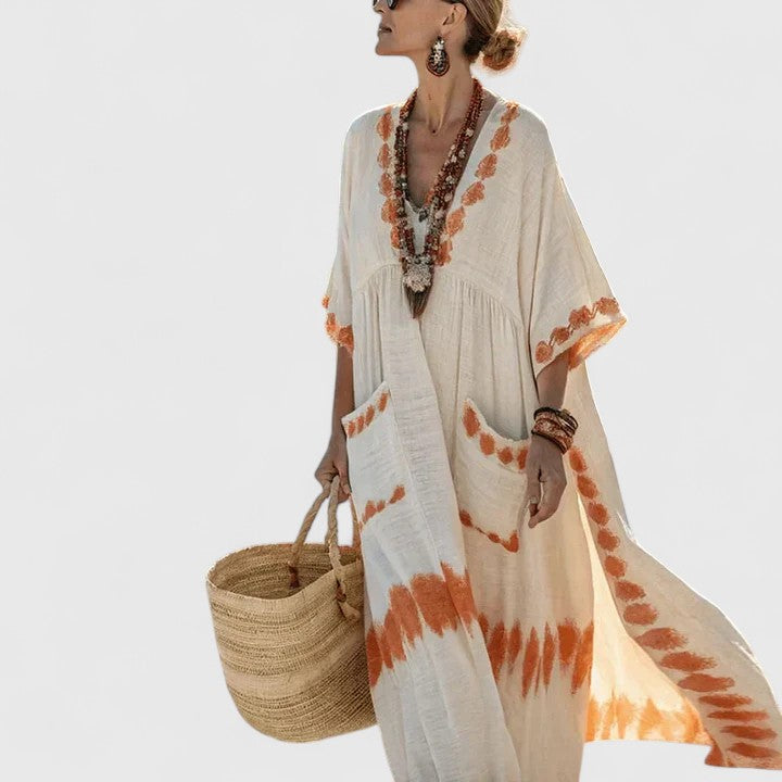 Women's Linen Maxi Dress V-Neck Striped With Pockets