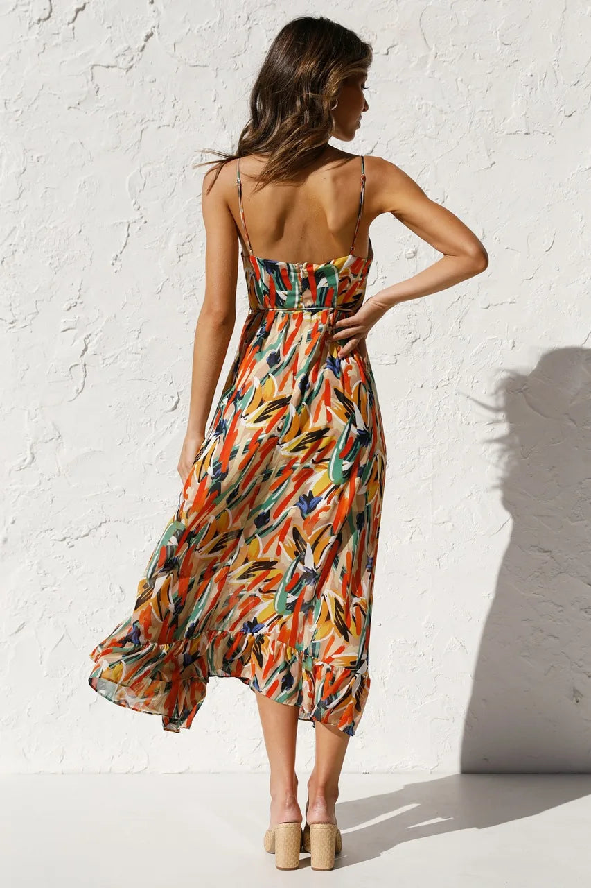 Women's Midi Dress Spaghetti Strap Abstract Print Ruffle Hem
