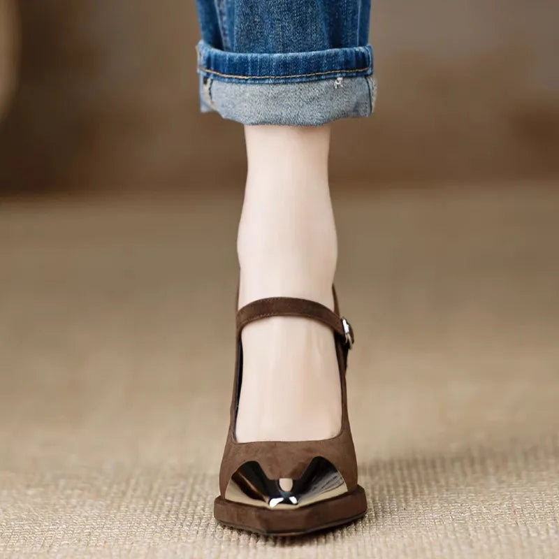 Women's Mary Jane Pumps Cap Toe Block Heel Strap