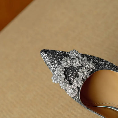 Women's Glitter Pumps Pointed Toe Crystal Buckle Heels
