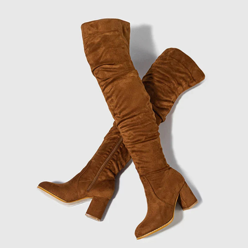Women's Knee High Boots Pointed Toe Block Heel Slouch Design Black