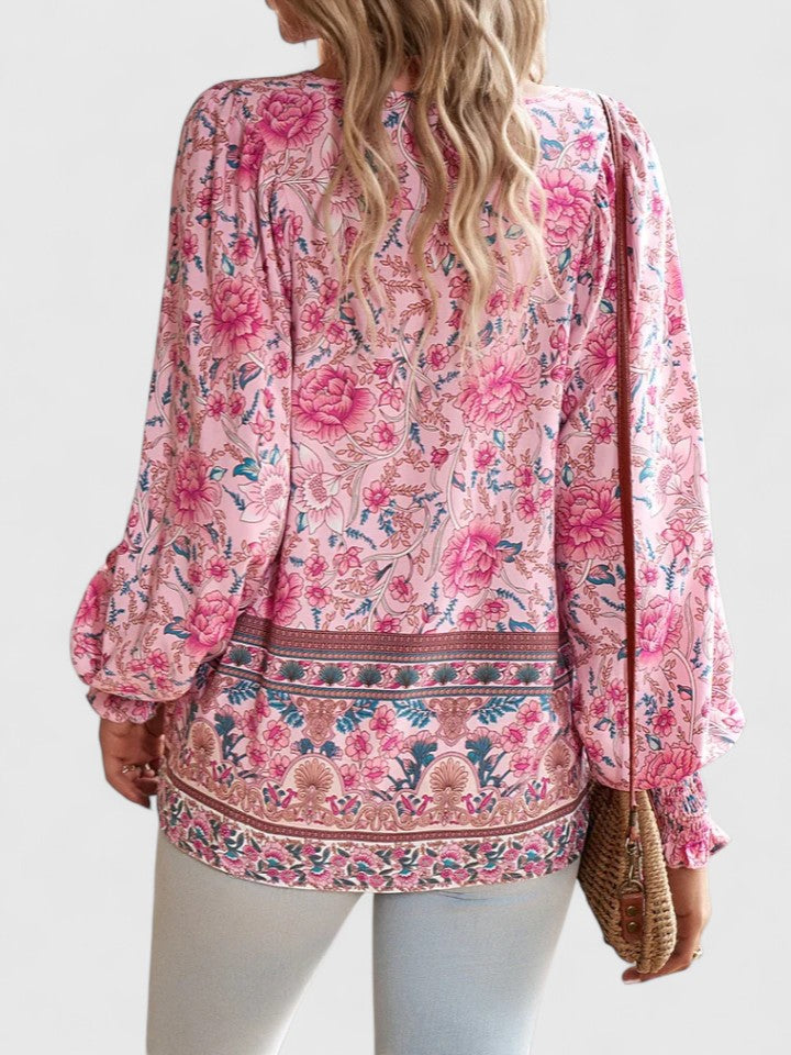 Women's V-Neck Puff Sleeve Blouse Floral