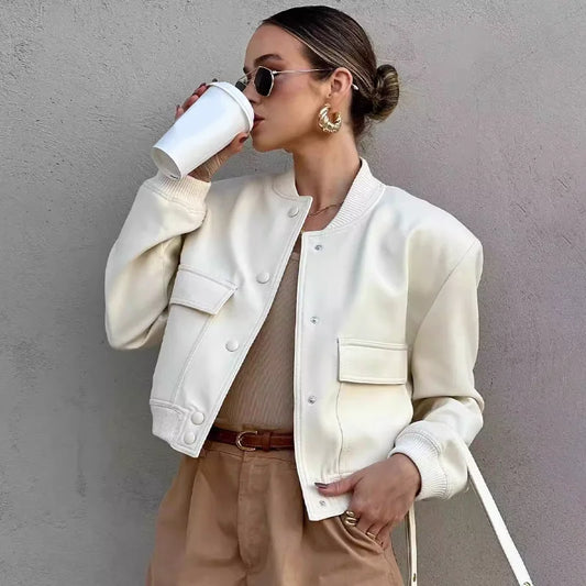 Women's Bomber Jacket Lightweight Cotton Button Front - Fashinoza