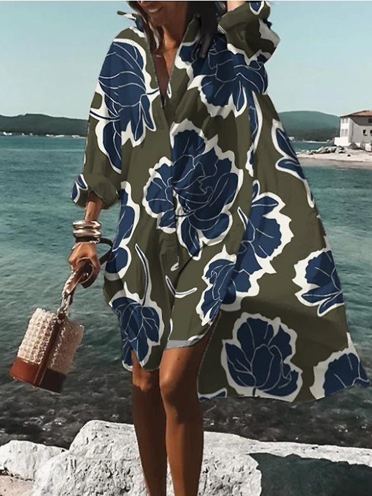 Women's Mini Floral Long Sleeve Shirt Dress