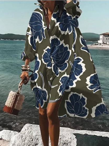 Women's Mini Floral Long Sleeve Shirt Dress