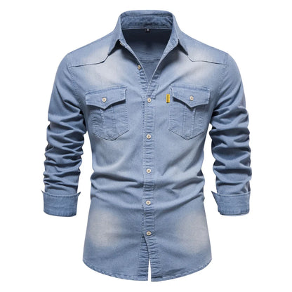 Men's Long Sleeve Shirt Cotton Contrast Buttons Fold Down Collar