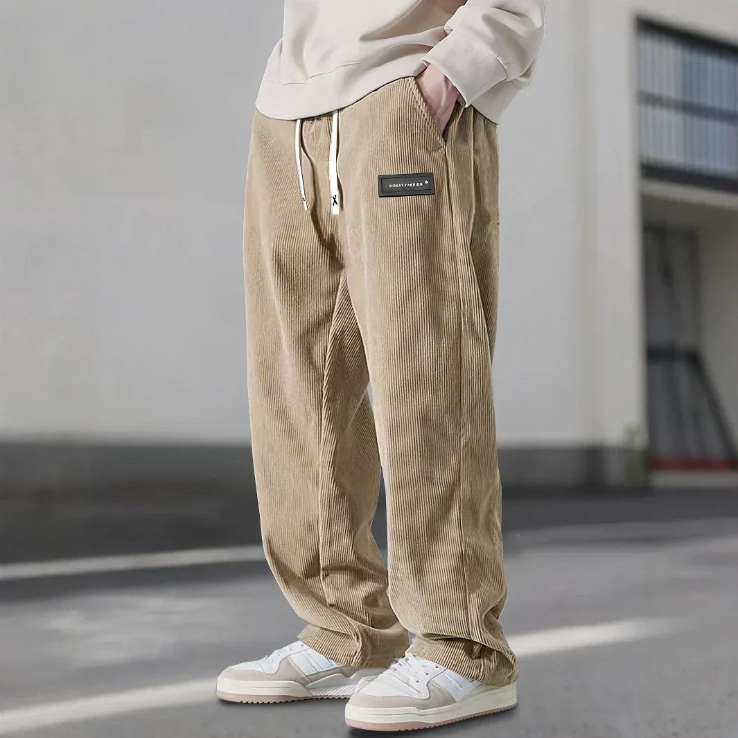 Men's Straight Leg Ribbed Pants Drawstring Waist