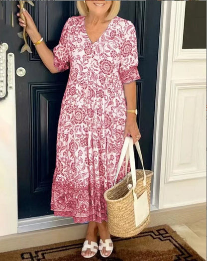 Women's Midi Boho Dress Short Sleeve Loose Fit