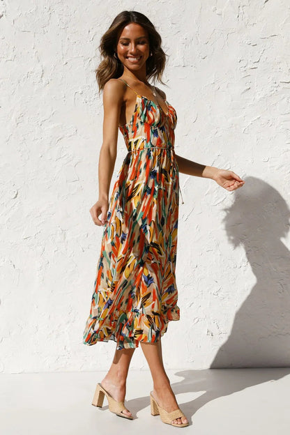 Women's Midi Dress Spaghetti Strap Abstract Print Ruffle Hem
