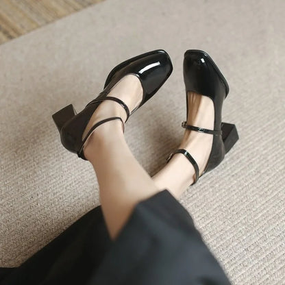 Celeste Women's Block Heel Mary Jane Pumps Square Toe Ankle Strap