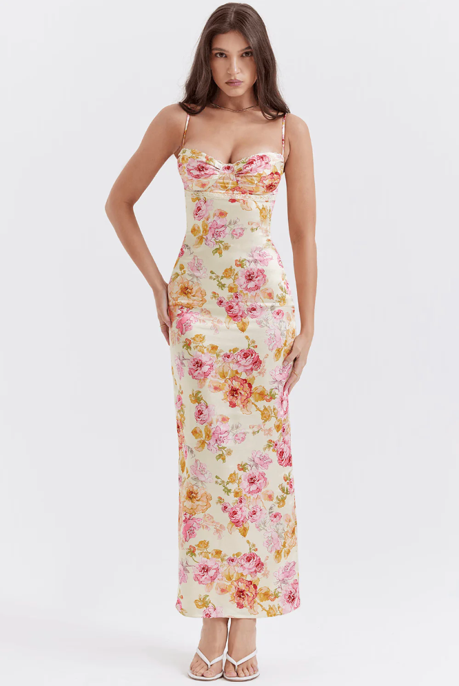 Women's Floral Spaghetti Strap Wedding Guest Dress - Fashinoza