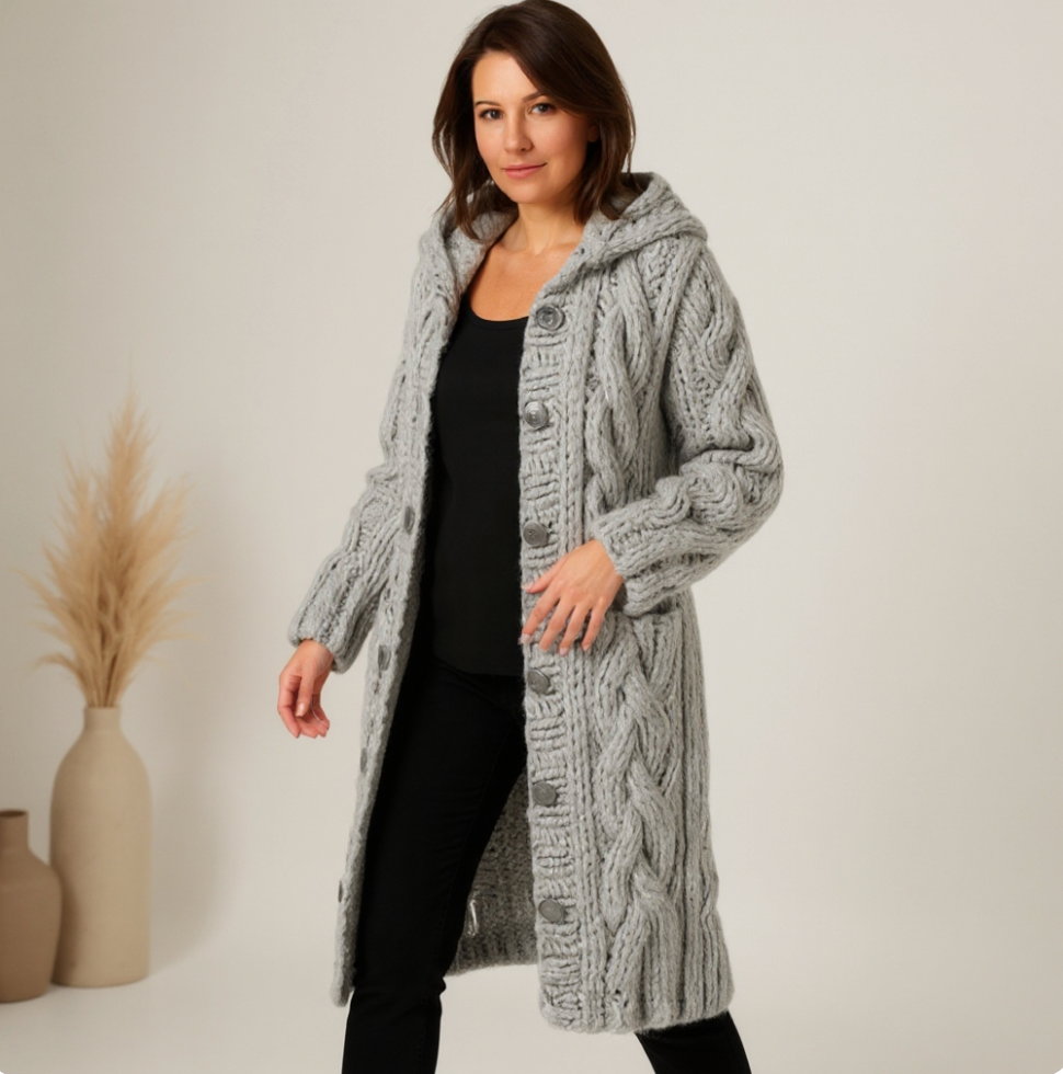 Cable Knit Hooded Cardigan Coat