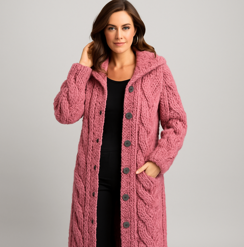 Cable Knit Hooded Cardigan Coat