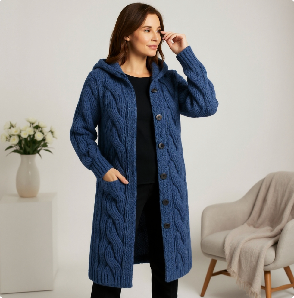 Cable Knit Hooded Cardigan Coat