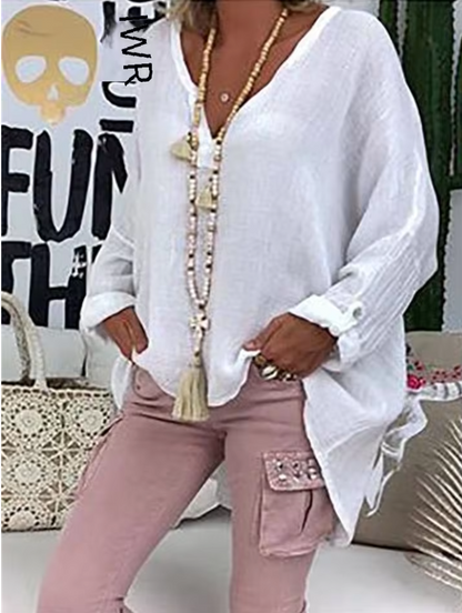 Women's Relaxed Fit V-Neck Blouse Long Sleeve