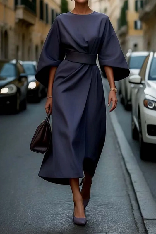 Women's Midi Dress Round Neck Wide Sleeves Waist Belt - 
Fashinoza