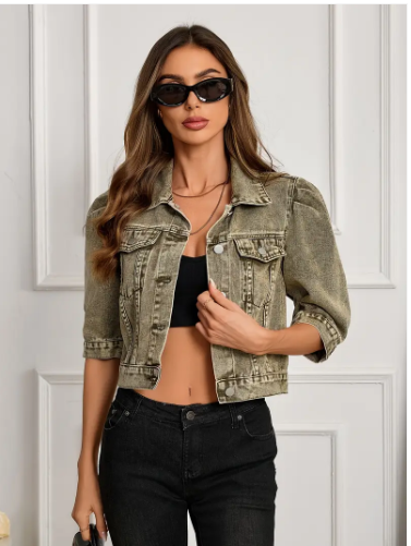 Women's Denim Jacket Short Blue Casual - Fashinoza