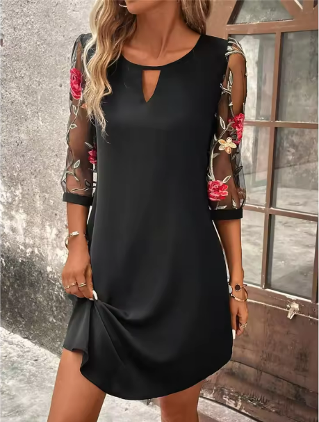 Women's Casual Dress 3/4 Mesh Sleeves - Fashinoza