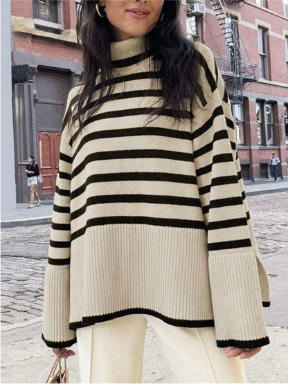 Women's Striped Turtleneck Sweater - 
Fashinoza