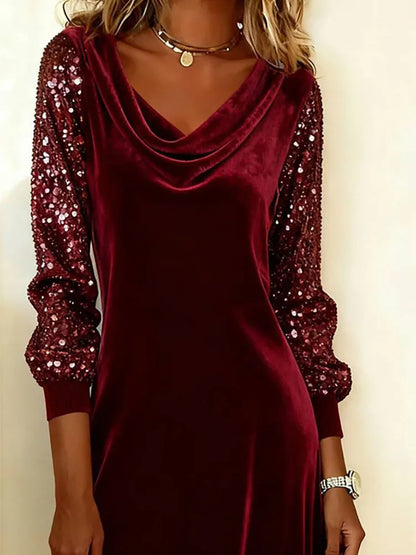 Draped Neck Sequin Sleeve Midi Dress