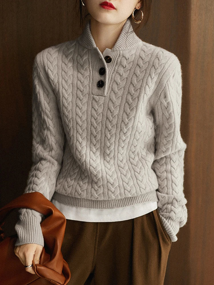 Cable-Knit Button Collar Sweater