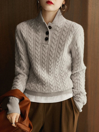Cable-Knit Button Collar Sweater