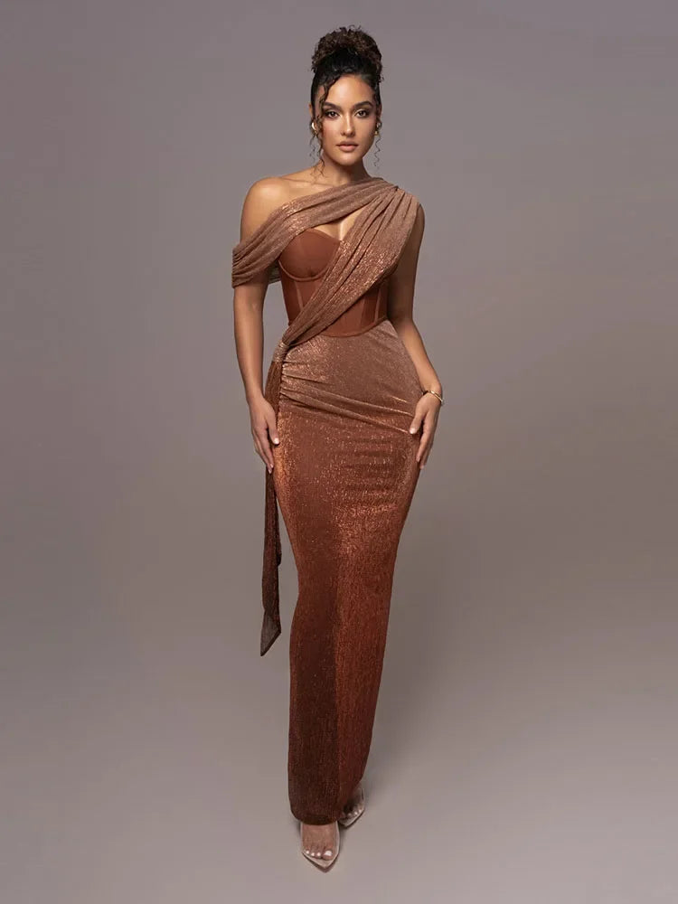 Samantha | Women One-Shoulder Metallic Evening Dress