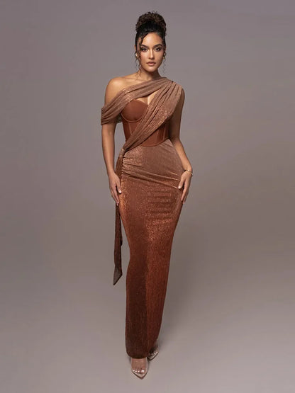 Samantha | Women One-Shoulder Metallic Evening Dress