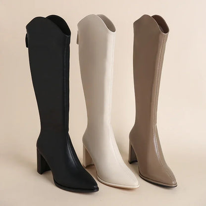Women's Knee High Boots Side Zip Block Heel