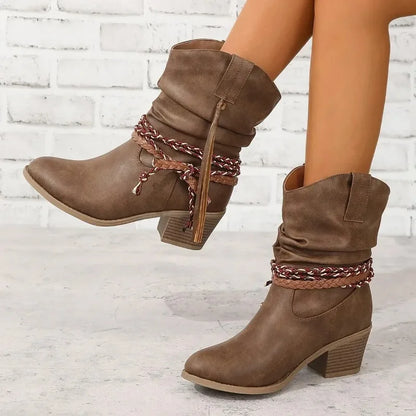Women's Block Heel Boots Side Tie
