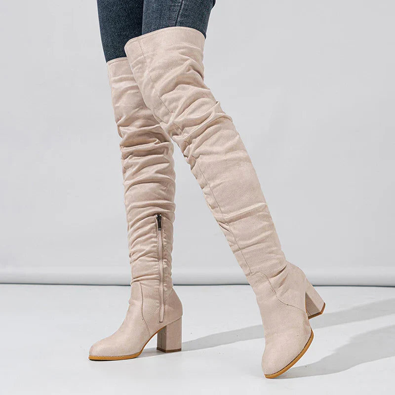 Women's Knee High Boots Pointed Toe Block Heel Slouch Design Black