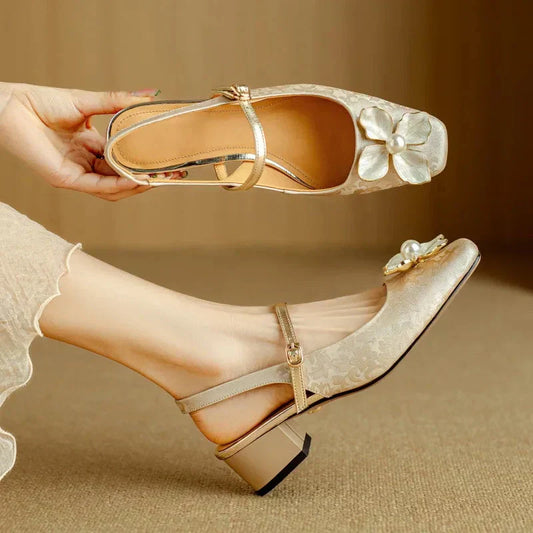 Women's Floral Pumps Block Heel Jacquard Strap - Fashinoza