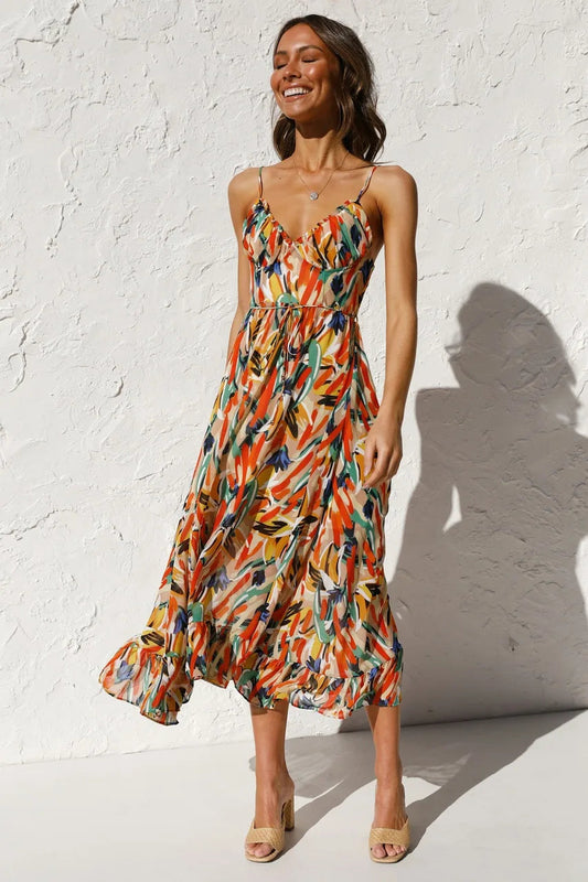 Women's Midi Dress Spaghetti Strap Abstract Print Ruffle Hem - 
Fashinoza