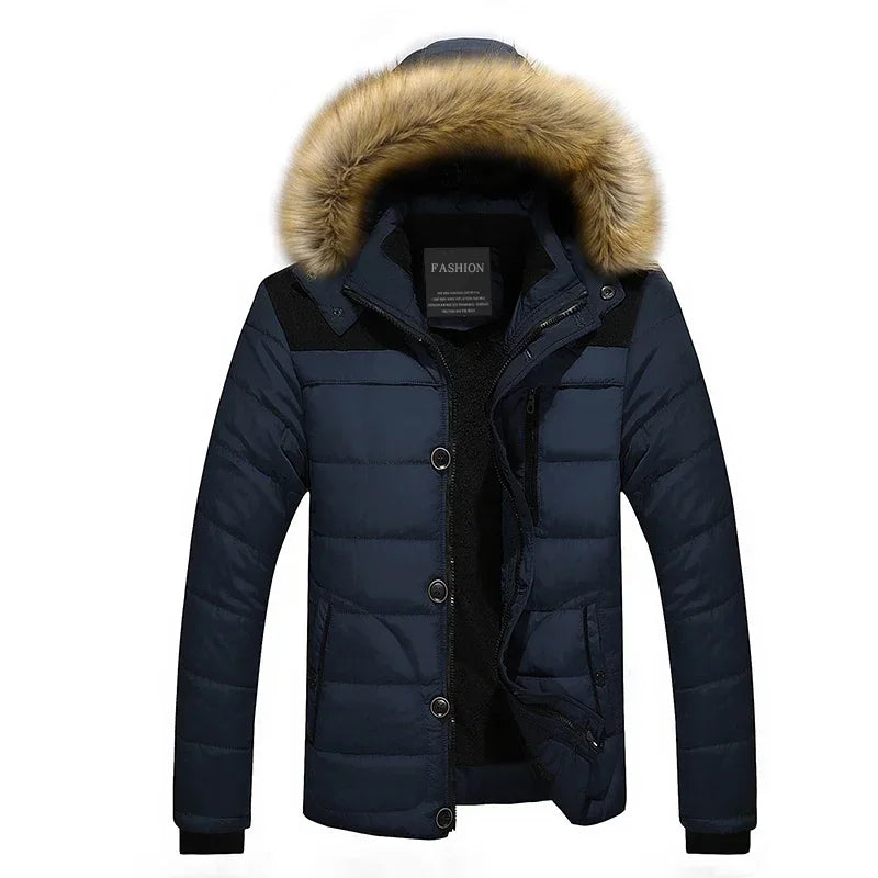 Men's Down Parka Wool Lined Hooded Jacket Warm Black